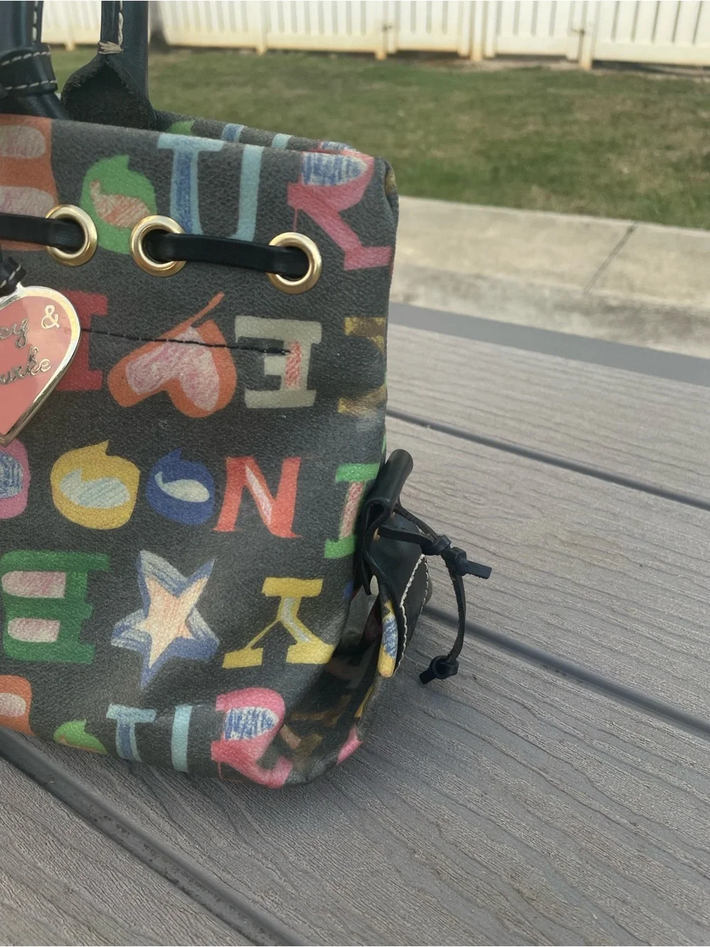 Dooney & Bourke Multicolor Logo Tote with Black Handles and Heart Charm